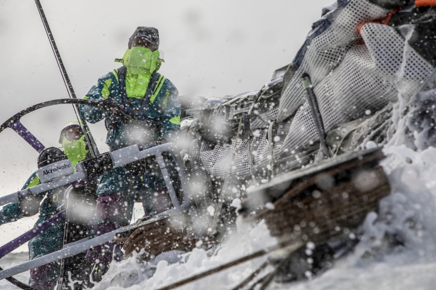 Leg 7 from Auckland to Itajai, day 04 on board AkzoNobel. 21 March, 2018. Chris Nicolson facing the blizzard.