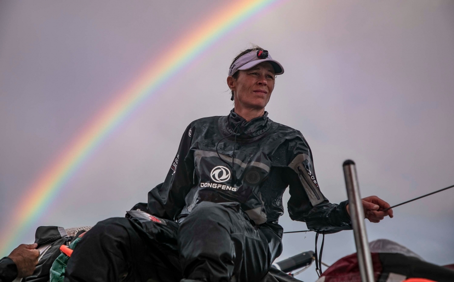 Leg 02, Lisbon to Cape Town, day 04, sunset on board Dongfeng. rainbow in the sky. Photo by Jeremie Lecaudey/Volvo Ocean Race. 08 November, 2017.