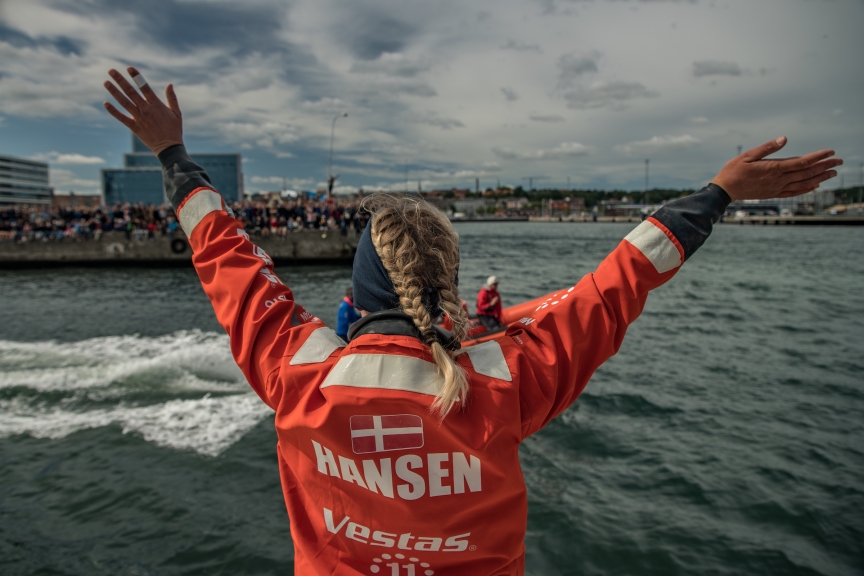 Leg 11, from Gothenburg to The Hague, day 02 on board Vestas 11th Hour. 22 June, 2018. Jena Hansen saluting her home crowd in Aarhus.