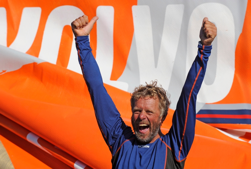 Ericsson 3, skipper Magnus Olsson (SWE) celebrates his team's first place finish into Rio de Janeiro on leg 5 of the Volvo Ocean Race, crossing the line at 10:37:57 GMT 26/03/09, after 41 days at sea.