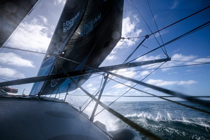 The Ocean Race 2022-23. 10 February 2023, Onboard 11th Hour Racing Team during Leg 2, Day 17. Malama causing in moderate winds under J0 and J3 sails.