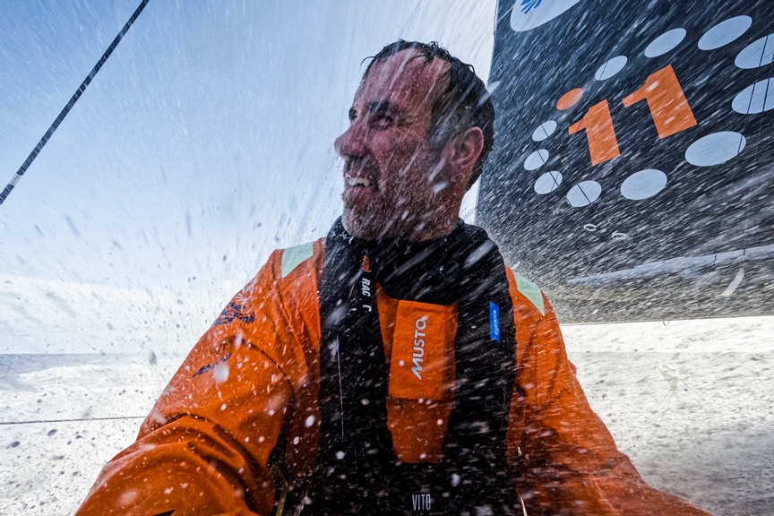 The Ocean Race 2022-23 - May 03 2023, Leg 4 Day 10 onboard 11th Hour Racing Team. OBR Amory Ross on deck in the tradewinds.