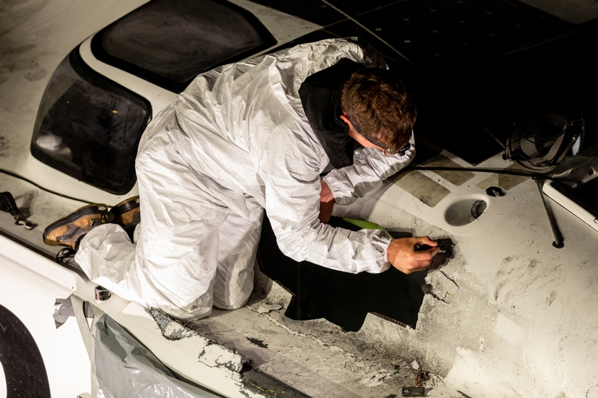 The Ocean Race 2022-23 - 16 June 2023. 11th Hour Racing Team overnight refit after they crashed with GUYOT environnement - Team Europe 15 mins after the start of Leg 7.