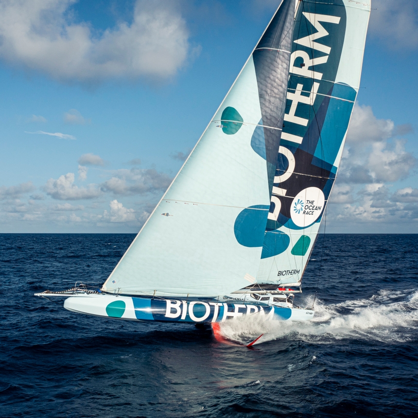 The Ocean Race 2022-23 - 20 June 2023, Leg 7, Day 5 onboard Biotherm. Drone view at the morning, reaching while approaching Spain.