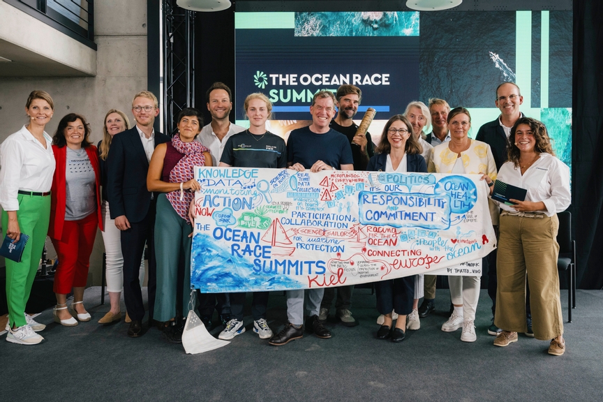 Kristin Recke, Lucy Hunt, Kate Larkin, Over Ahlmann, Tratto Vivo , Joshua Sam Miller, Rosalin Kuiper, skipper of Team Holcim - PRB, Ulf Kämpfer,Boris Herrmann, skipper of Team Malizia, Kate Matthes , Catherine Chabot, Isabella Lövin and Richard Brisius talking at the Ocean Race Summits Kiel during the Ocean Race Europe 2025 in Kiel, Germany on August 07, 2025. (Photo by Vincent Curutchet / The Ocean Race Europe 2025)