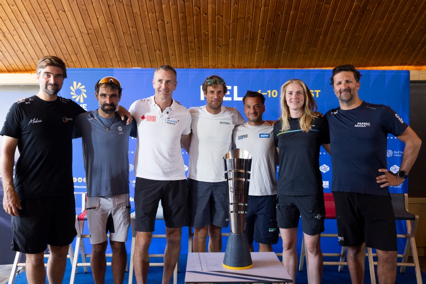 The skippers press conference at the the start of The Ocean Race Europe 2025 in Kiel, Germany on August 08, 2025.
L/R Boris Herrmann, skipper of Team Malizia,Alan Roura, skipper of Team AMAALA,Scott Shawyer, skipper of Canada Ocean Racing - Be Water Positive, Paul Meilhat, skipper of Biotherm,Ambrogio Beccaria, skipper of Allagrande Mapei Racing, Rosalin Kuiper, skipper of Team Holcim - PRB and Yoann Richomme, skipper of Team Paprec Arkea, (Photo by Lloyd Images / The Ocean Race Europe 2025)