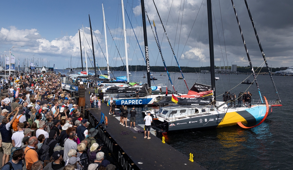 Team Malizia, skippered by Boris Herrmann shown here docking out for the speed run challenge. The Ocean Race Europe 2025 in Kiel, Germany on August 08, 2025. (Photo by Lloyd Images / The Ocean Race Europe 2025)