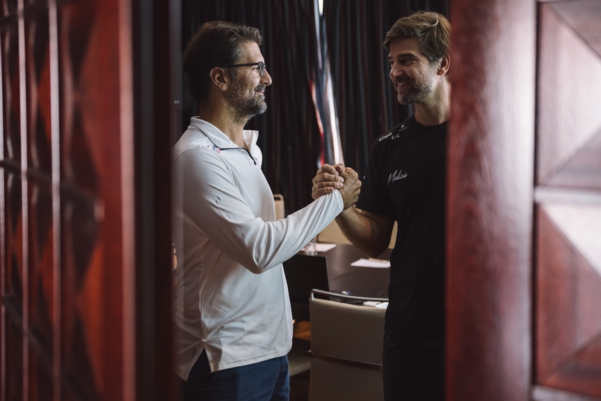 Yoann Richomme, skipper of Team Paprec Arkea, and Boris Herrmann, skipper of Team Malizia, meeting with the International Jury after a common protest dismissed at the end, during The Ocean Race Europe 2025 in Genova, Italy on September 03, 2025. (Photo by Jean-Louis Carli / The Ocean Race Europe 2025)