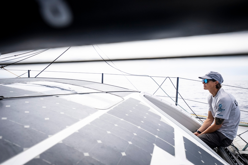The Ocean Race 2022-23 - 29 June 2023, Leg 7, Day 14 onboard. The 11th Hour Racing Team delivering Malama to Genova, Italy, after completing repairs to the damaged port side and retiring from the leg. Francesca Clapcich awaits the redress decision off the coast of her native Italy.